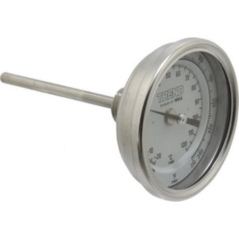 WIKA 4 Stem, 0 to 250 F Bi-Metal Thermometer Back Connected, 1% Accurate, Stainless Steel 52877149 – 56426596