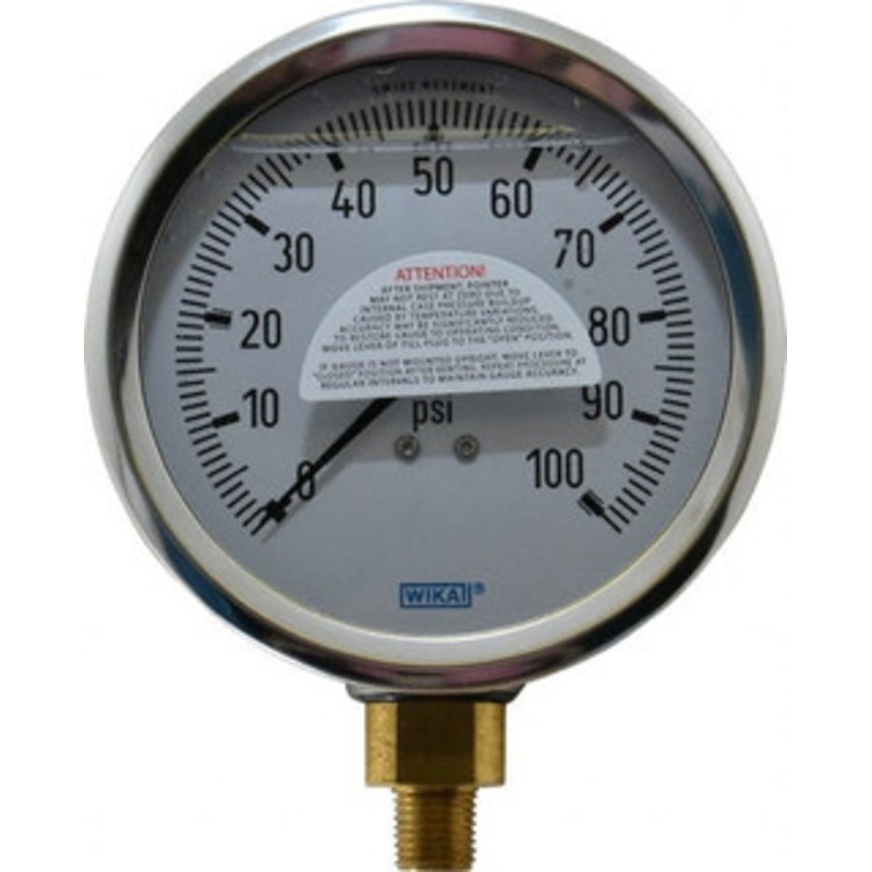 WIKA 4 Dial, 1/4 Thread, 0-100 Scale Range, Pressure Gauge Lower Connection Mount, Accurate to 1% of Scale 9699125 – 56454002