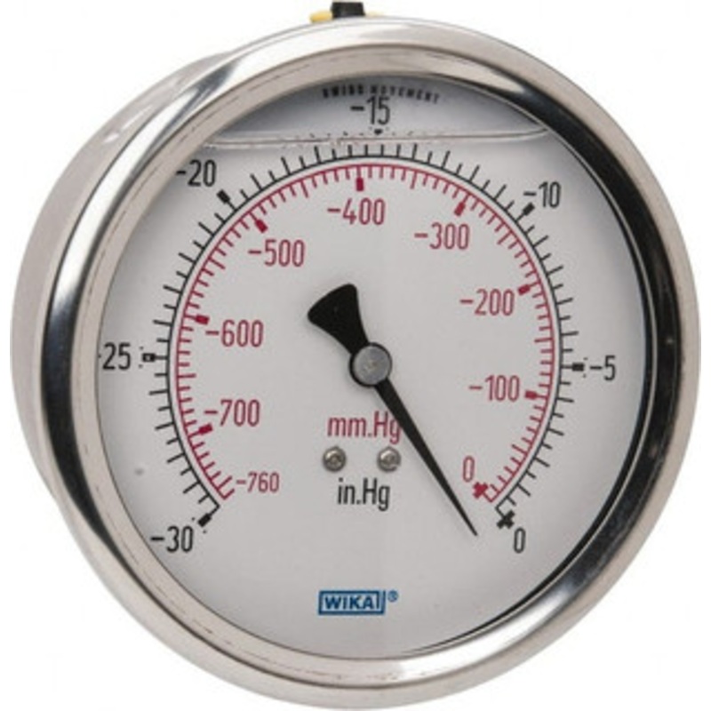 WIKA 4 Dial, 1/4 Thread, 30-0 Scale Range, Pressure Gauge Lower Back Connection Mount, Accurate to 1% of Scale 9694239 – 56454200