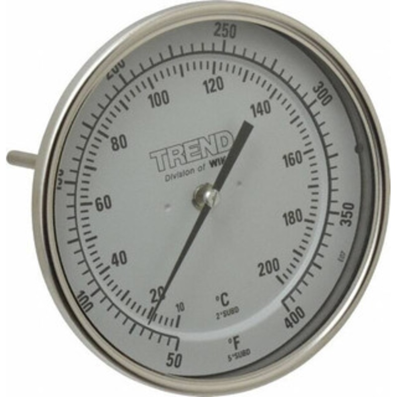 WIKA 6 Stem, 50 to 400 F Bi-Metal Thermometer Back Connected, 1% Accurate, Stainless Steel 50060A009G4 – 56429103