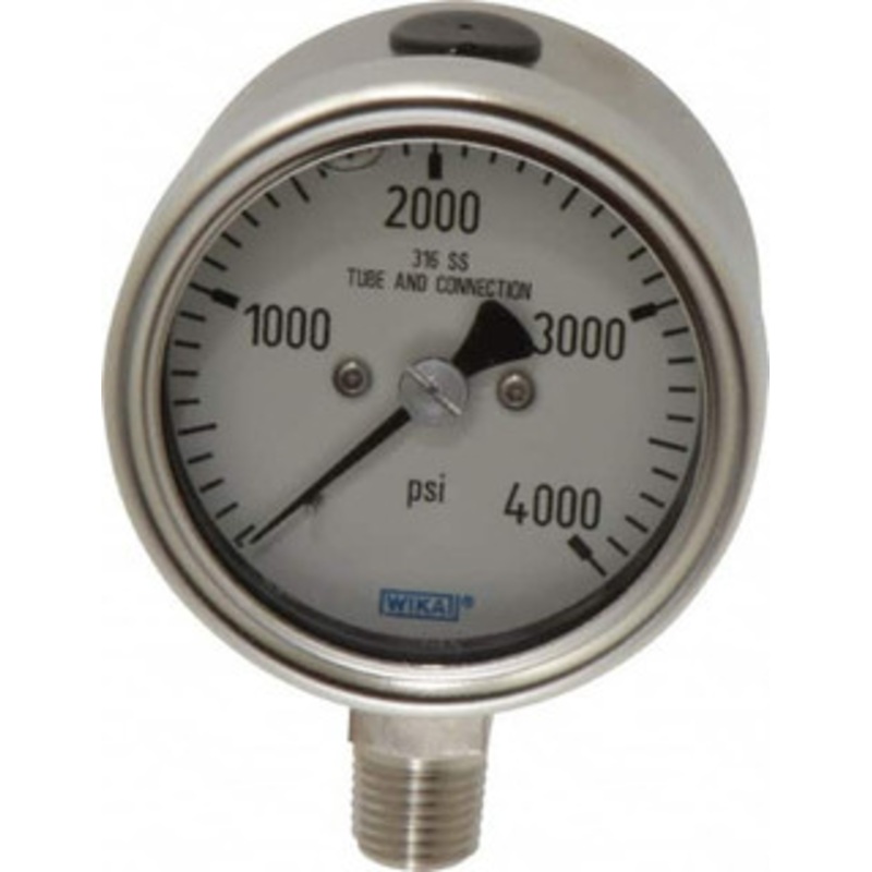 WIKA 2-1/2 Dial, 1/4 Thread, 0-4,000 Scale Range, Pressure Gauge Lower Connection Mount, Accurate to 2-1-2% of Scale 50787497 – 63150858