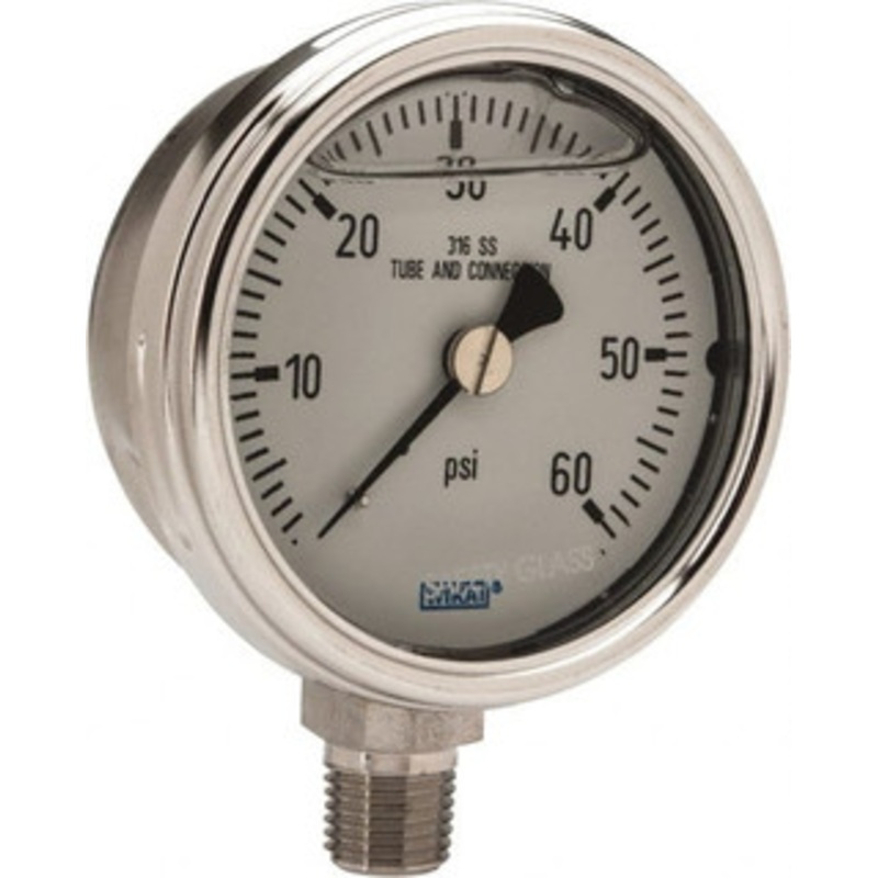 WIKA 2-1/2 Dial, 1/4 Thread, 0-60 Scale Range, Pressure Gauge Lower Connection Mount, Accurate to 2-1-2% of Scale 9831873 – 00489179