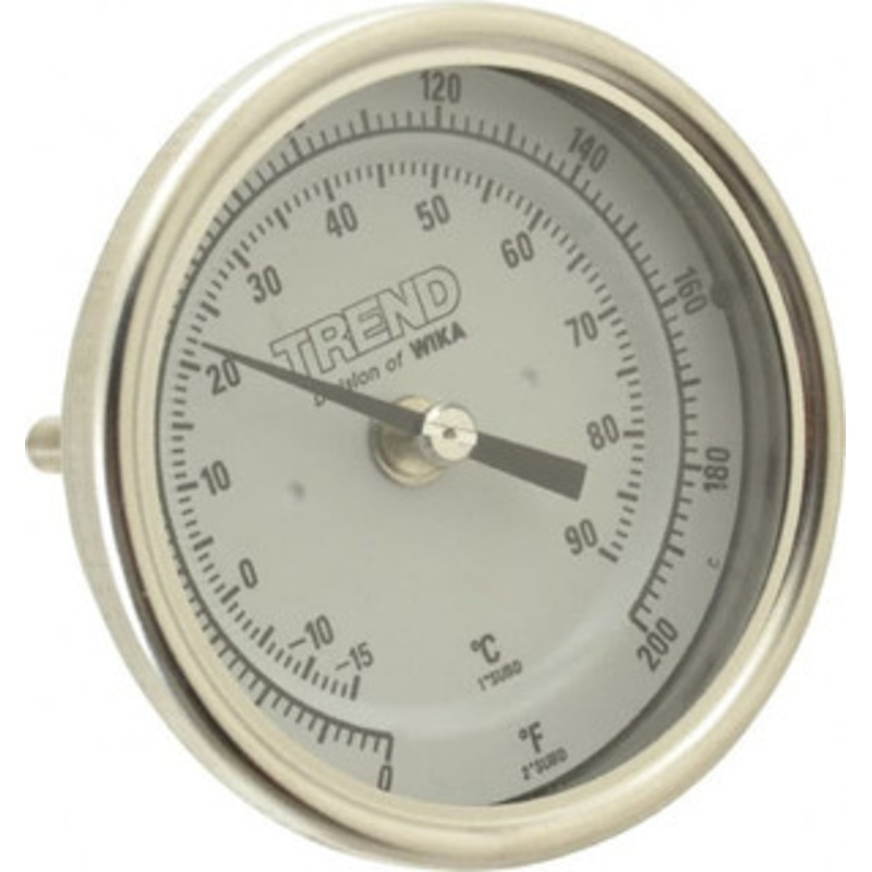 WIKA 2-1/2 Stem, 0 to 200 F Bi-Metal Thermometer Back Connected, 1% Accurate, Stainless Steel 52887391 – 56426463