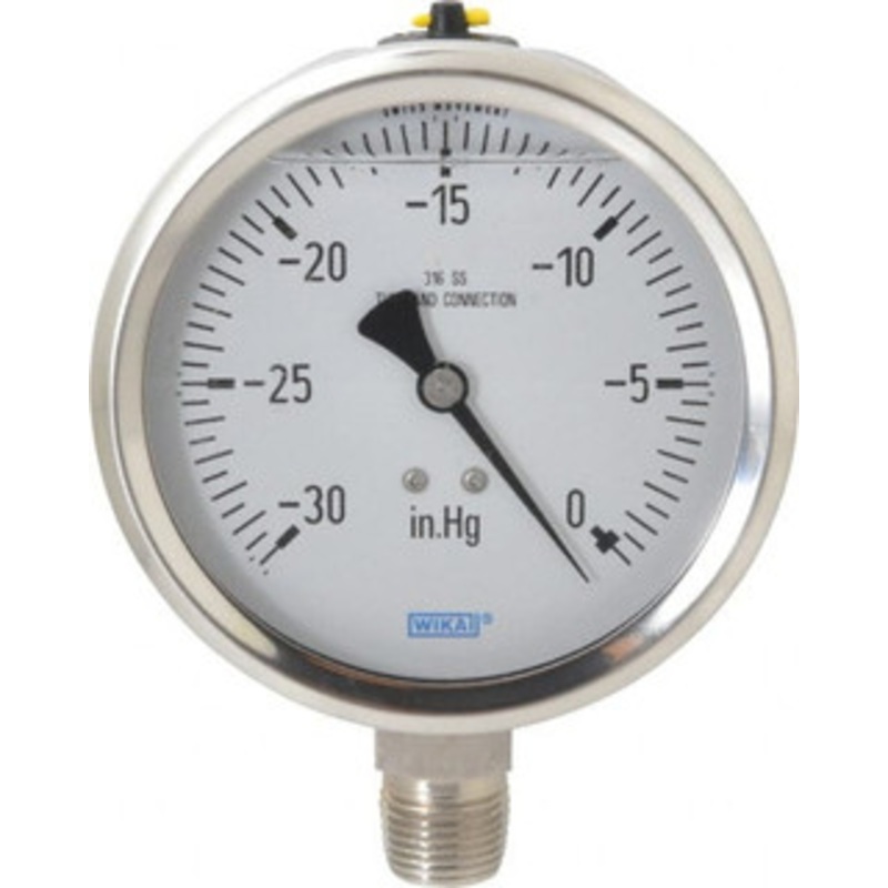 WIKA 4 Dial, 1/2 Thread, 30-0 Scale Range, Pressure Gauge Lower Connection Mount, Accurate to 1% of Scale 9833328 – 56455009
