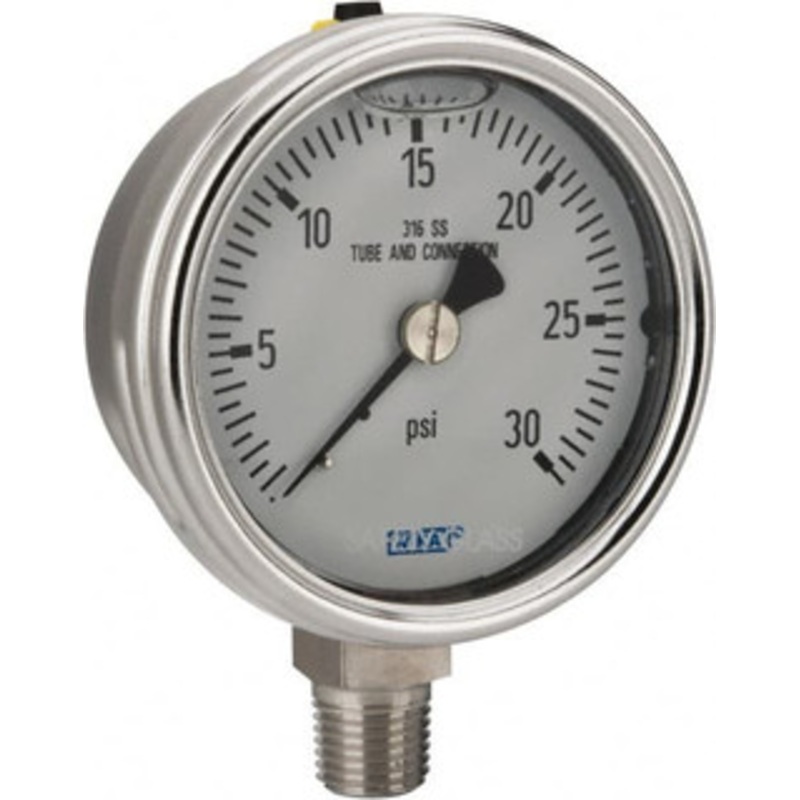 WIKA 2-1/2 Dial, 1/4 Thread, 0-30 Scale Range, Pressure Gauge Lower Connection Mount, Accurate to 2-1-2% of Scale 9831865 – 63148811