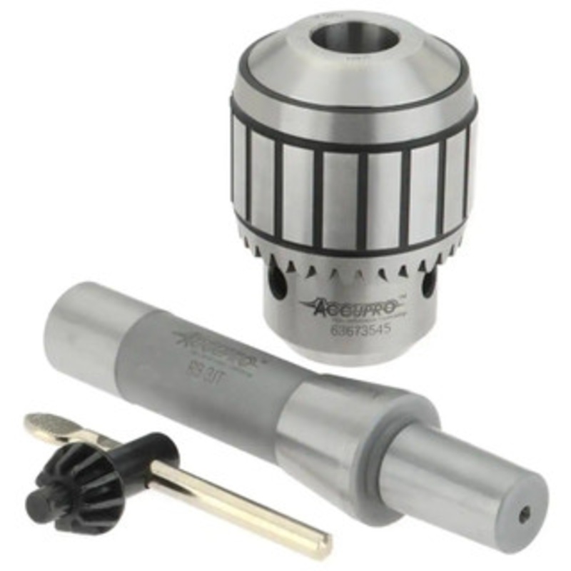 Accupro Drill Chuck, 1/16 to 1/2 Capacity, Tapered Mount, JT3, Keyed, K3 Key, R8 Shank, 2.44 Sleeve Dia CBS130850 – 51233559